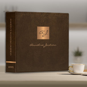 Brown leather gold monogram classy elegant binder