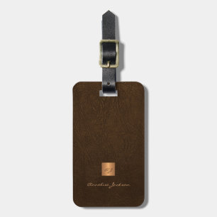 Brown leather gold monogram elegant luggage tag