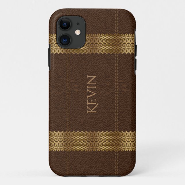 Brown Leather & Gold Stripes Monogram Case-Mate iPhone Case (Back)