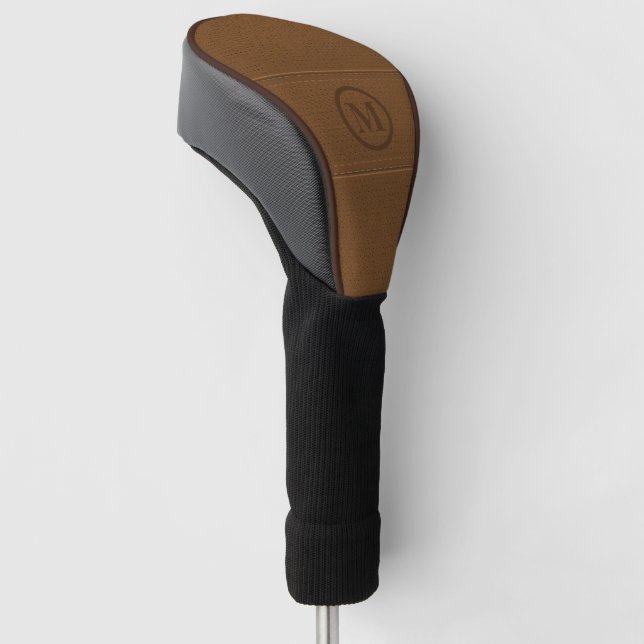 Brown leather image print custom monogram golf head cover (Angled)