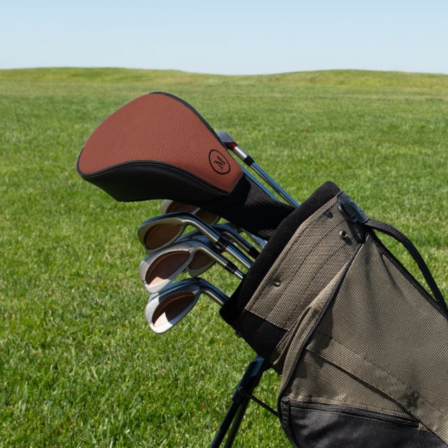 Brown leather image print custom monogram golf head cover (In Situ)