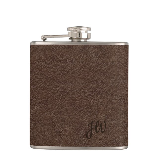 Brown Leather Look Monogram Hip Flask (Front)