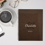 Brown leather monogram initials name 2024 planner<br><div class="desc">A brown faux leather photo as background and white text. Personalize and add your monogram initials,  first name,  full name and a year.</div>