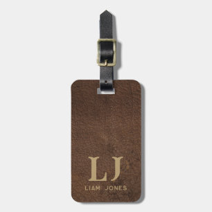 Brown Leather Monogrammed Masculine Vintage Luggage Tag