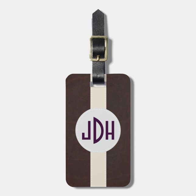 Brown Leather Pattern Custom Monogram Luggage Tag (Front Vertical)