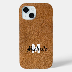 Brown leather personalized name monogram iPhone 15 case