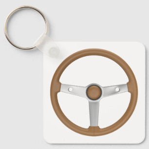 Brown leather retro sports car steering wheel keychain
