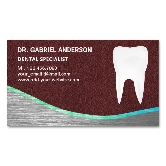 Brown Leather Steel Tooth Dental Clinic Dentist Magnetic Business Card (Front)