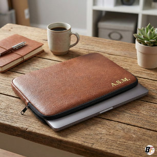 Brown Leather Texture Monogram Personalized Laptop Sleeve