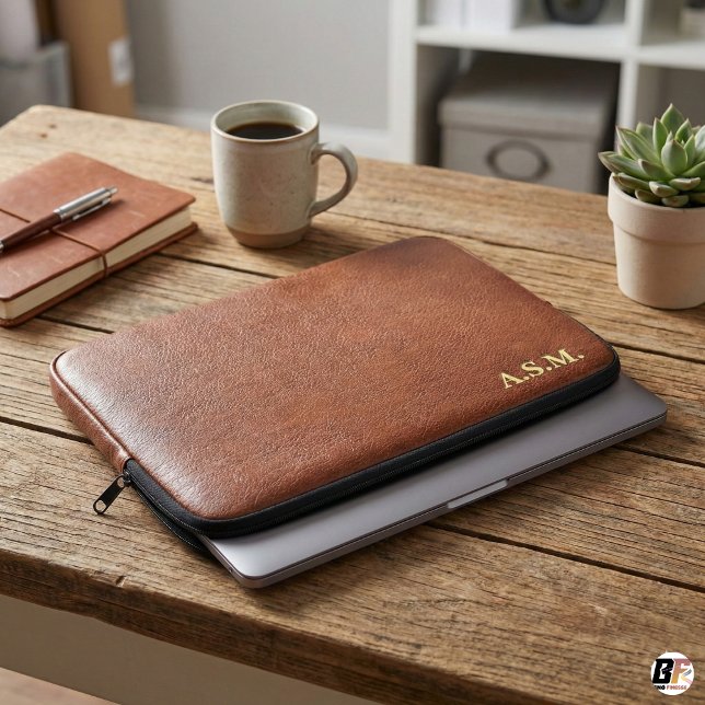 Brown Leather Texture Monogram Personalized Laptop Sleeve (Creator Uploaded)