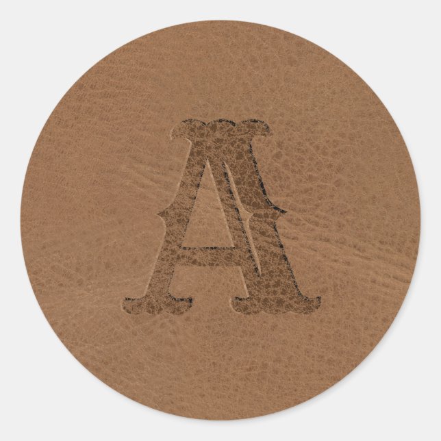 Brown Leather Texture Monogrammed Initial Classic Round Sticker (Front)