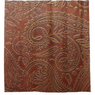 Brown leather, tooled floral pattern.
