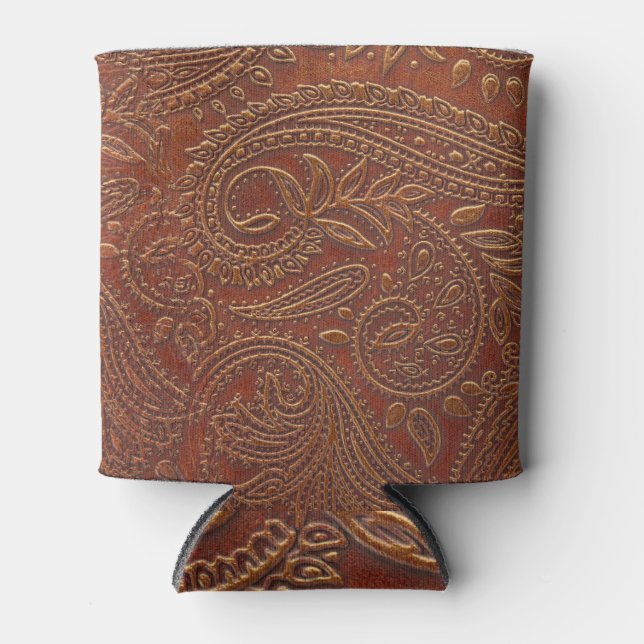 Brown leather, tooled floral pattern. can cooler (Front)