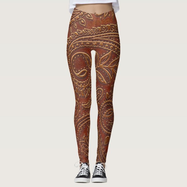 Brown leather, tooled floral pattern. leggings (Front)