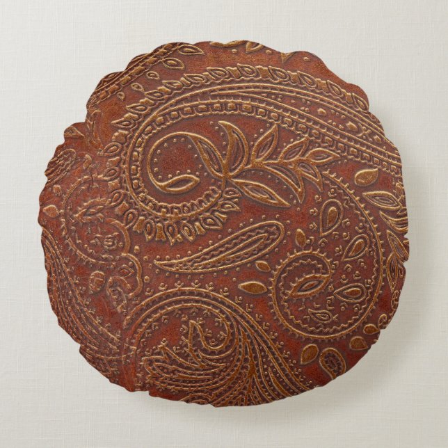 Brown leather, tooled floral pattern. round pillow (Front)
