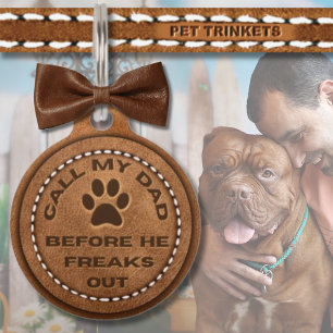Brown Leather Western Cowboy Call My Dad Pawprint Pet Tag