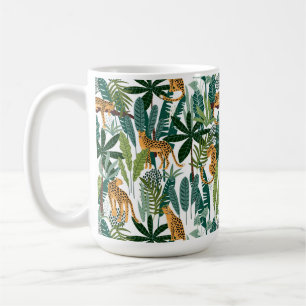 Brown leopard in tropical lush jungle leaves  coffee mug