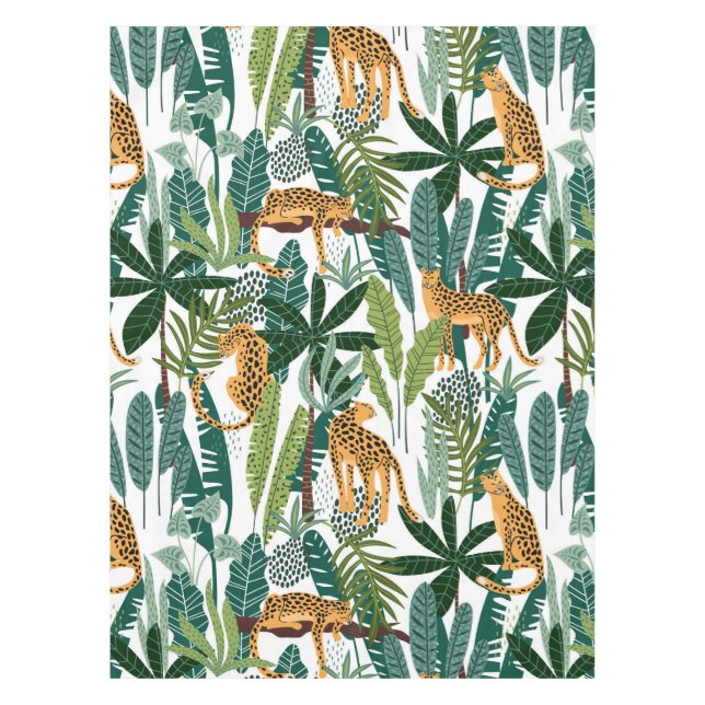 Brown leopard in tropical lush jungle leaves tablecloth (Front)
