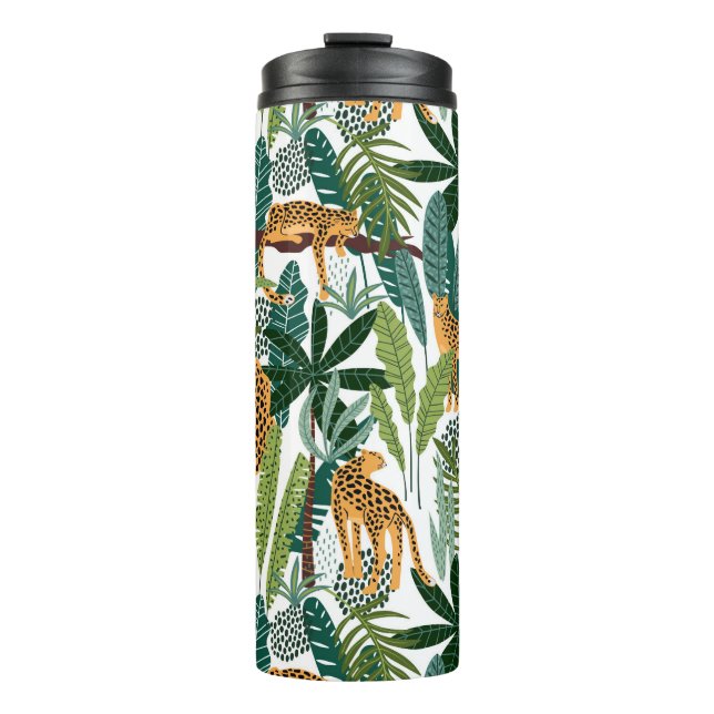 Brown leopard in tropical lush jungle leaves  thermal tumbler (Front)