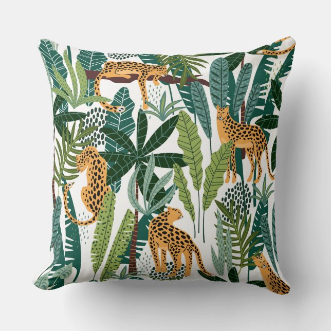 Brown leopard in tropical lush jungle leaves wrapp throw pillow (Front)