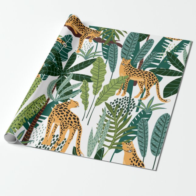 Brown leopard in tropical lush jungle leaves wrapping paper (Unrolled)