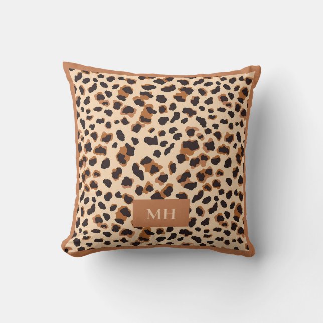 Brown Leopard Pattern Modern Initials Monogram Throw Pillow (Front)