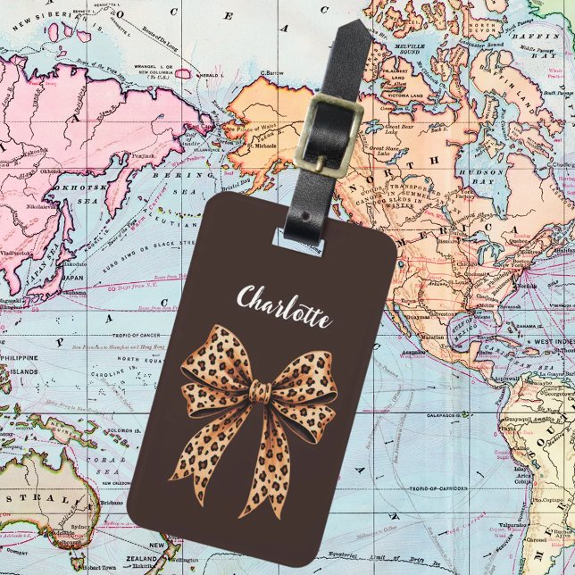 Brown leopard print bow name script luggage tag (Creator Uploaded)