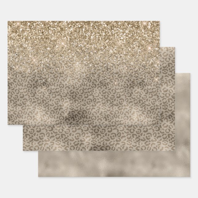 Brown Leopard Print Gold Glitter sparkle Wrapping Paper Sheet (Set)