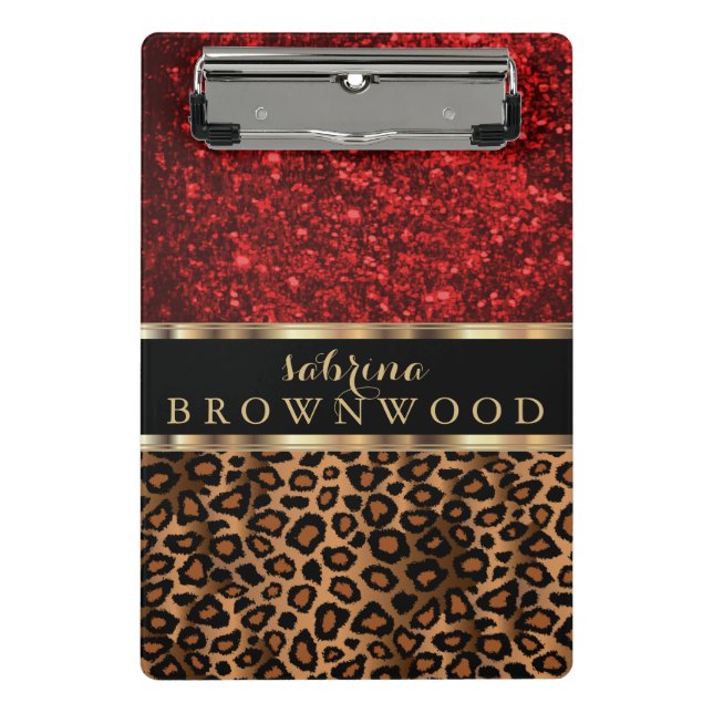 Brown Leopard Skin Pattern and Red Glitter Mini Clipboard (Front)