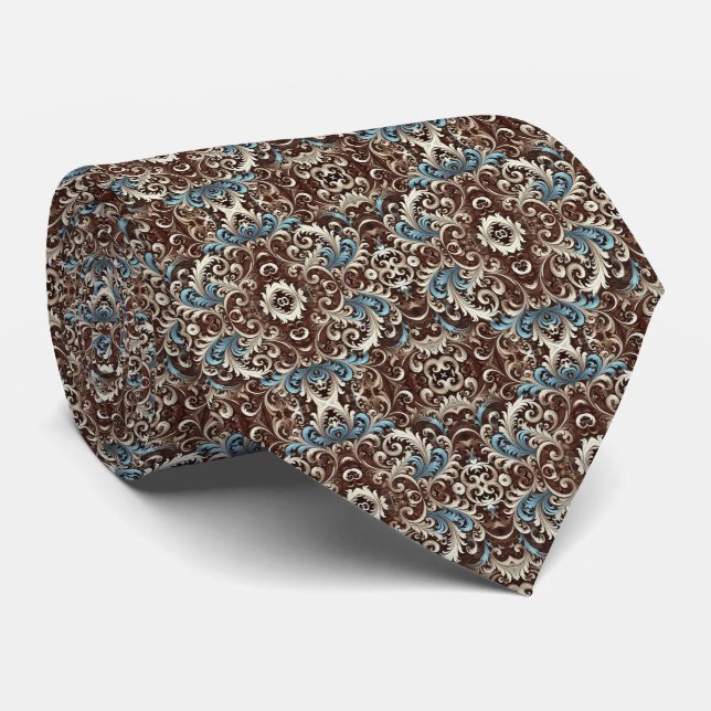 Brown, Light Blue, and Cream Tile Pattern Tie (Rolled)