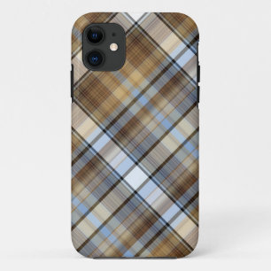 Brown, light blue and white tartan design iPhone 11 case