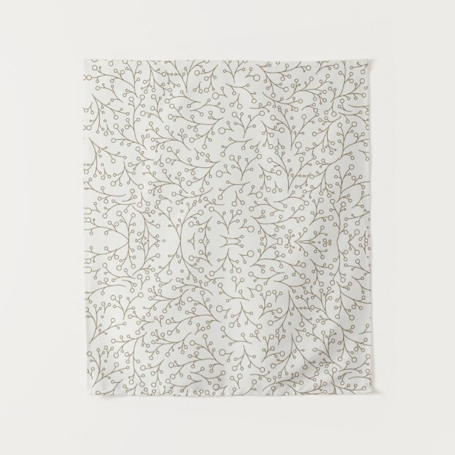 Brown Line Art Botanical Berry Vine Pattern on Cre Tapestry (Front)