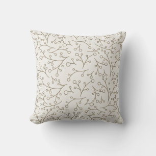 Brown Line Art Botanical Berry Vine Pattern on Cre Throw Pillow