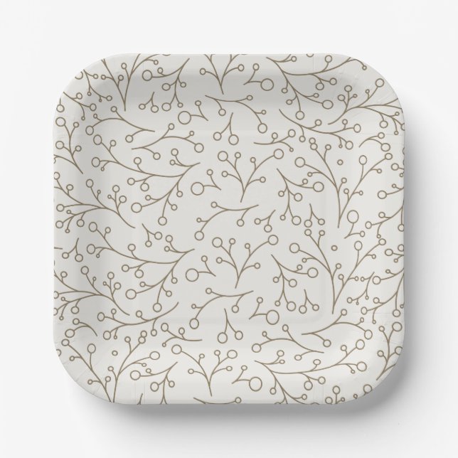 Brown Line Art Botanical Berry Vine Pattern Paper Plate (Front)