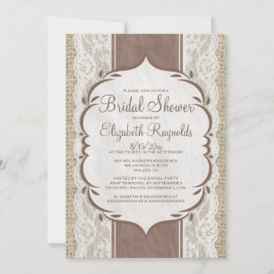 Brown Linen Burlap Lace Bridal Shower Invitations