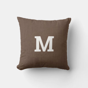 Brown Linen with Monogram Throw Pillow