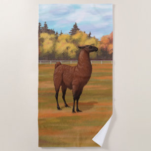 Brown Llama in Autumn Farm Pasture Beach Towel