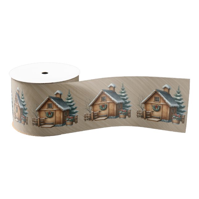 Brown Log House Christmas Scene Grosgrain Ribbon (Spool)