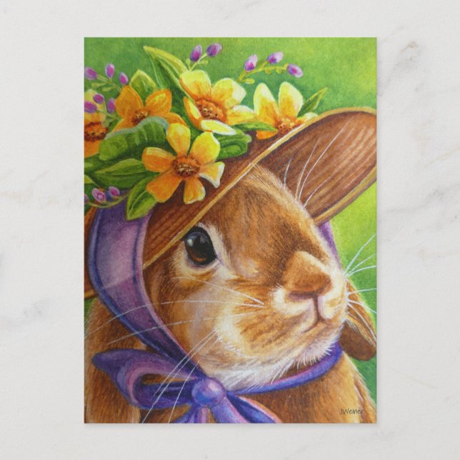 Brown Lop Eared Rabbit in Bonnet Watercolor Art Postcard (Front)