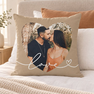 Brown Love Script Heart Photo Couple Throw Pillow