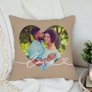 Brown Love Script Heart Photo Couple Throw Pillow