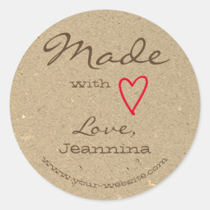 Brown Made with Love Red Heart Symbol Grey Paper  Classic Round Sticker