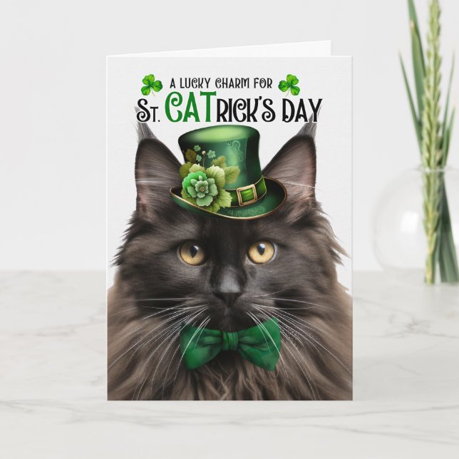 Brown Maine Coon St CATrick's Day Lucky Charm Holiday Card (Front)
