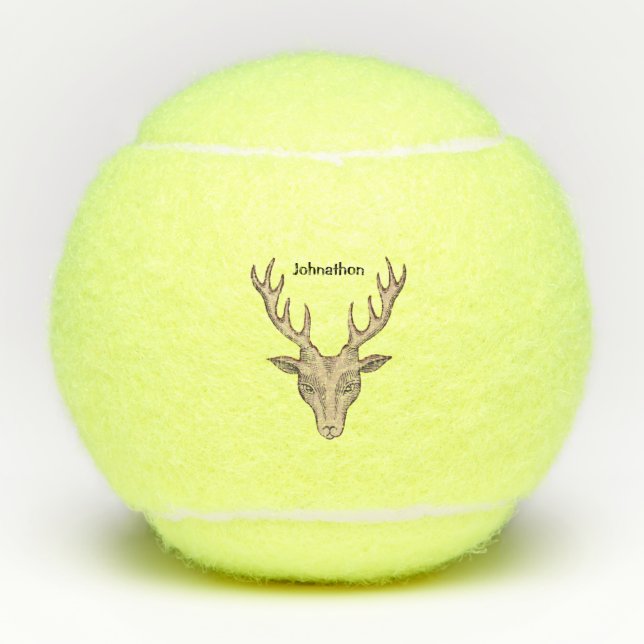 Brown Male Deer Head Black Etchings Antlers Tennis Balls (Front)