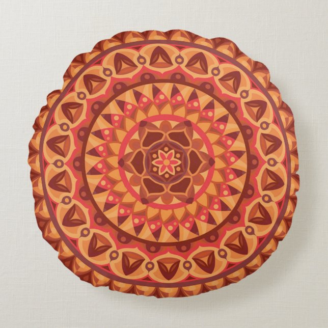 Brown Mandala Earthy Boho Neutral Cozy Hygge Round Pillow (Front)