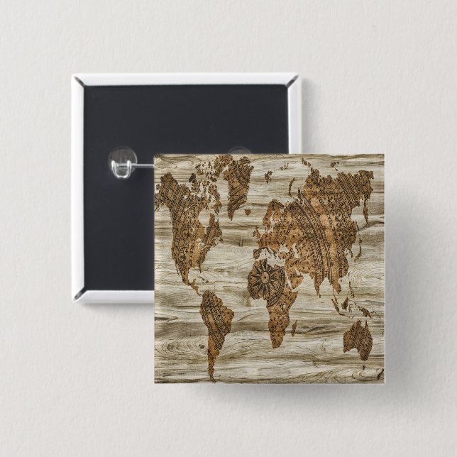 Brown map of the world print 2 inch square button (Front & Back)