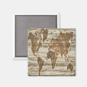 Brown map of the world print magnet