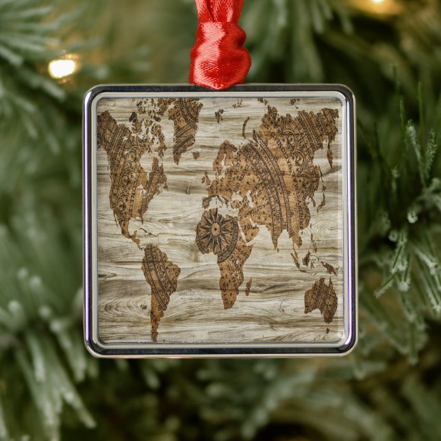 Brown map of the world print metal ornament (Tree)