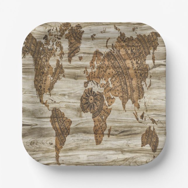 Brown map of the world print paper plate (Front)