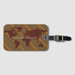 brown map of world, airplane travel personalized luggage tag